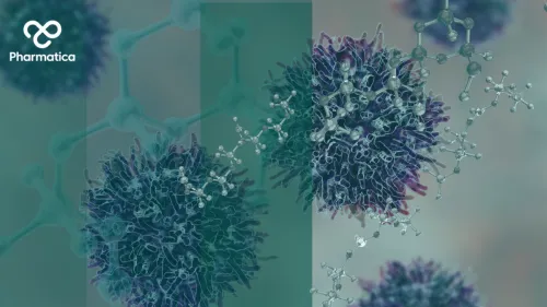 A scientific decorative image by Pharmatica featuring a cellular and molecular theme.  Background: A light gray space showing 3D illustrations of multi-shaded purple and green cancer cells surrounded by floating chemical or molecular ball-and-stick structures.  Overlays: Vertical design bars in transparent shades of muted green and dark teal slice down the center.  Top Left: The white Pharmatica loop logo and company name.