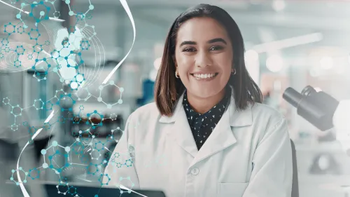 A female scientist in a white lab coat smiling in a bright laboratory, featured with a stylized teal molecular overlay and a microscope in the background.