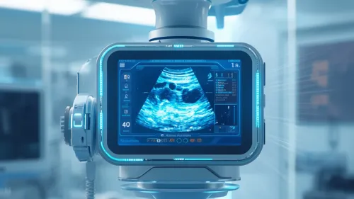Futuristic ultrasound machine and image, representing Midjourney Medical's scanner and ambitions.