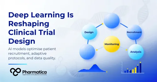 Pharmatica illustration of deep learning in clinical trials showing AI‑optimised trial design, patient recruitment, monitoring, and analysis, visualising adaptive trial design AI, machine learning clinical trials, and clinical trial data analysis deep learning in a connected network diagram. 