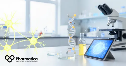 Pharmatica representation of AI in neuroscience and pharmaceutical R&D: A bright modern laboratory bench with tablet showing molecular visualisations, DNA model, microfluidics chip, petri dishes, and a glass vial with pale yellow liquid, accented by subtle computational overlays, illustrating pharmaceutical AI, digital biomarkers, precision psychiatry, and therapeutic innovation in CNS drug development.