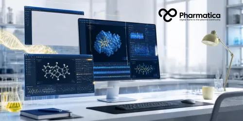 Pharmatica ultra-realistic representation of a research desk using Claude Science for biomedical research, integrating genomics, literature analysis, structural biology, and cheminformatics into a unified pharmaceutical research workflow.