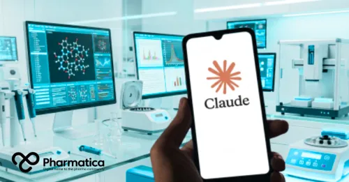 Pharmatica photo-realistic representation of the use of Claude Science in pharma R&D: A smartphone displaying the Claude Science logo is shown in the foreground against advanced scientific instruments and computer monitors visualising molecular structures, data charts, and analytical graphs, symbolising AI‑assisted pharmaceutical innovation and integrated research workflows.