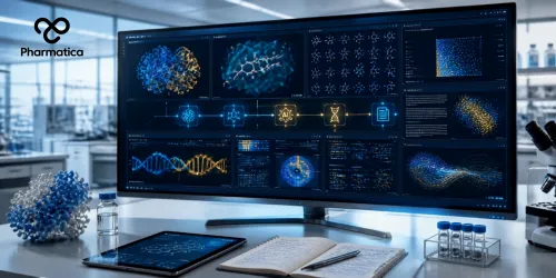 Pharmatica realistic photo of an AI drug discovery workbench using Claude Science and supporting pharmaceutical research through protein structure prediction, compound screening, CRISPR design, and integrated computational biology workflows.