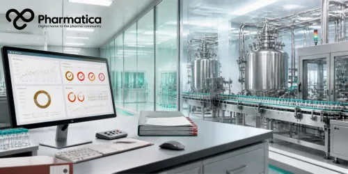 Pharmatica illustration of digital CMC regulatory submissions in pharmaceutical manufacturing &mdash; executive workstation with analytical dashboards, binders, and electronic batch records, overlooking stainless‑steel bioreactors and automated conveyor systems with vials, representing structured content management, cloud‑based regulatory submissions, and pharmaceutical manufacturing innovation.