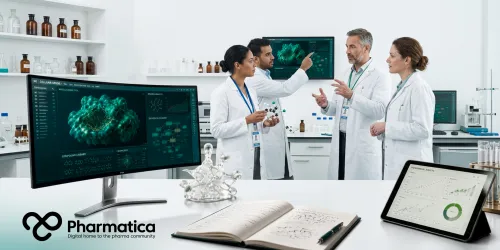 Pharmatica image of drug discovery scientists using computational biology, structural biology, medicinal chemistry, and AI-assisted research tools to accelerate therapeutic drug discovery and pharmaceutical innovation.