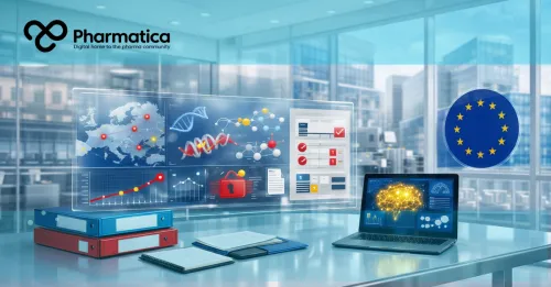 Digital regulatory dashboard illustrating the European Life Sciences Strategy with pharmaceutical regulatory reform, AI-driven innovation, biotechnology collaboration, and advanced regulatory workflows.