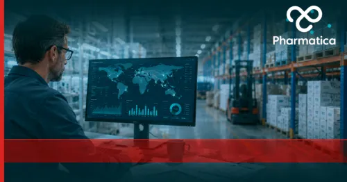 Pharmaceutical supply chain monitoring system in warehouse setting, with global map, connected nodes, and data visualisations on screen representing FDA visibility and regulatory compliance in distributed manufacturing.