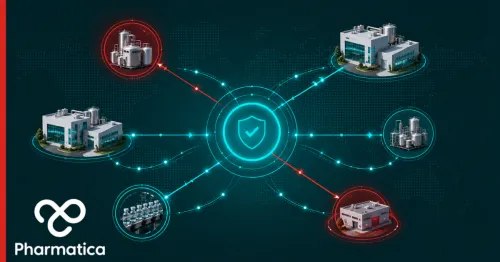 Digital illustration of pharmaceutical manufacturing facilities connected by glowing lines to a central shield icon, with blue secure links and red regulatory nodes symbolising FDA oversight and compliance in modernised drug manufacturing.