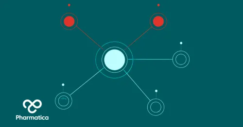 Diagram of hub‑and‑spoke pharmaceutical manufacturing network showing central teal hub connected to five facility nodes, with two red nodes highlighting foreign API manufacturers under FDA registration requirements.