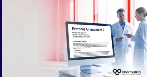 Clinical researchers reviewing a protocol amendment within a clinical trial under a FDA Master Protocol, demonstrating adaptive trial governance, regulatory oversight, and FDA clinical development guidance. 