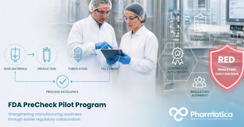 Pharmatica representation of the FDA PreCheck Pilot Program showing pharmaceutical manufacturing process flow with digital tablet review, stainless‑steel equipment, and regulatory alignment graphics, illustrating U.S. domestic drug manufacturing, FDA manufacturing readiness, advanced pharmaceutical manufacturing, and quality compliance.