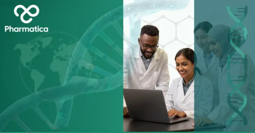 DNA structure representing genomic equity and global genomic datasets supporting precision medicine and AI-driven pharmaceutical research among a diverse pharma R&D team.