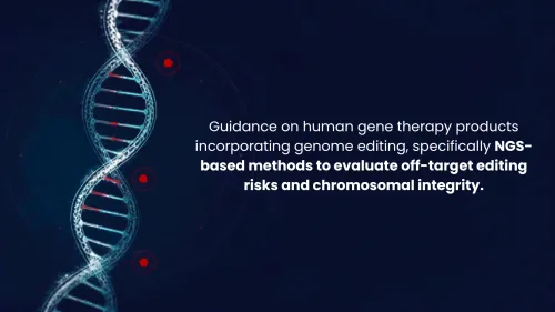 Graphic highlighting the FDA gene editing draft guidance 2026, emphasising next-generation sequencing (NGS) methods for evaluating off-target editing risks and chromosomal integrity in human gene therapy products.