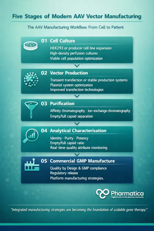 Infographic showing five stages of modern AAV vector manufacturing &mdash; cell culture, vector production, purification, analytical characterisation, and commercial GMP manufacture &mdash; in a vertical teal pipeline design.