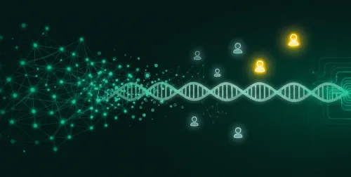 Precision medicine AI visual showing fragmented patient cohorts, genomic data networks, and deep learning pathways, illustrating how data scarcity is reshaping AI drug discovery, biomarker research, and pharmaceutical innovation.