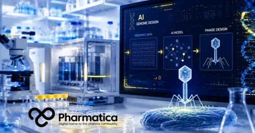 Pharmatica image of AI-designed bacteriophage research in a biotech laboratory showing genome analysis, AI genome design, and phage development.
