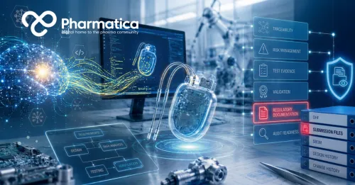 Premium Pharmatica editorial visualisation of regulated AI in MedTech, showing advanced medical device development and compliance infrastructure &mdash; glowing yellow AI data nodes connecting to holographic heart and brain models, digital validation screens, and precision instruments &mdash; representing the Ketryx and Accenture partnership driving enterprise‑grade regulatory innovation in medical technology.
