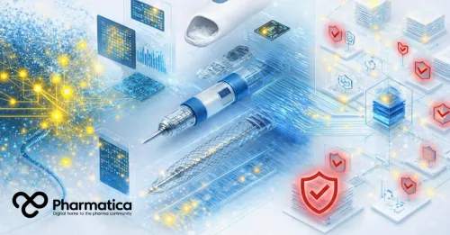 Futuristic pharmaceutical technology visual showing syringe‑like and pen‑shaped medical devices surrounded by glowing blue data networks and red shield icons with check marks, symbolising digital security, innovation, and regulated AI integration in pharma. The composition represents Pharmatica&rsquo;s digital home for the pharma community and the convergence of MedTech, data connectivity, and compliance. 