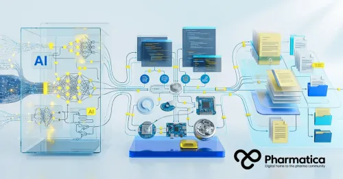 Pharmatica technical diagram illustrating the AI-regulated MedTech lifecycle, featuring neural networks within a glass structure connected via a central hub to software development screens, medical device components (PCBs, sensors), and stacked data and compliance documentation. This conceptual flow represents the integrated solutions provided by the Ketryx and Accenture partnership.