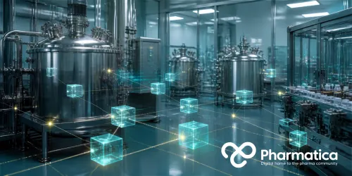 Pharmatica image representing the blockchain data layer connecting pharmaceutical manufacturing systems for traceability and data integrity.