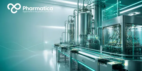 Pharmatica visual representation of blockchain in pharma manufacturing connecting pharmaceutical production equipment, data traceability, and AI-enabled digital infrastructure.