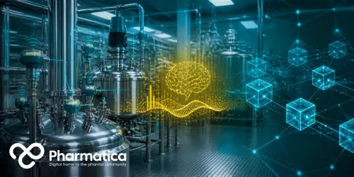 Pharmatica representation of AI, IoT, and blockchain integration connecting smart pharmaceutical manufacturing equipment and real-time production data.