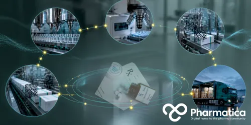 Pharmatica image of a blockchain-enabled pharmaceutical supply chain showing end-to-end drug traceability from manufacturing through distribution and prescribing.