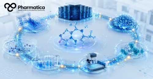 Pharmatica image of an AI drug discovery ecosystem showing connected scientific data, computational modelling, molecular research, and laboratory experimentation.