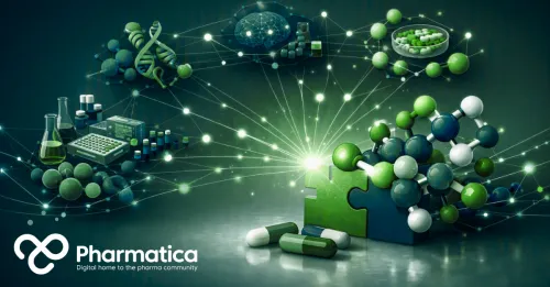Pharmatica image showing a collaborative drug discovery network linking genomics, molecular biology, AI, drug screening, biomarkers, and translational pharmaceutical R&D.