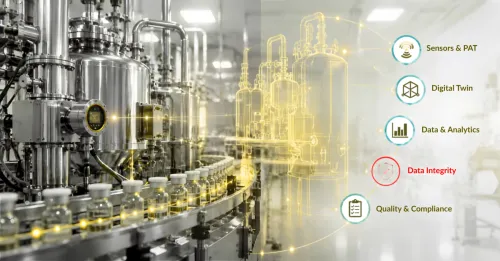 Pharmatica image of ALCOA data integrity principles applied across digital twins, sensors, and connected pharmaceutical manufacturing systems.