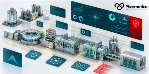 Pharmatica image illustrating AI in pharmaceutical GMP manufacturing using machine learning for predictive maintenance, digital quality control, process monitoring, smart manufacturing, and GMP compliance.