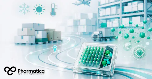 Pharmatica image representing dry mRNA vaccine patches and illustrating cold chain-free pharmaceutical distribution, RNA therapeutic stability, lipid nanoparticles, and advanced pharmaceutical manufacturing.