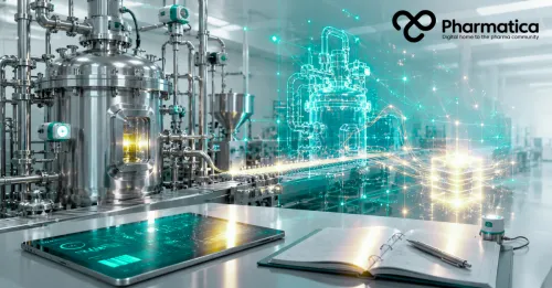 Pharmatica image of a pharma manufacturing digital twin and connected sensor data supporting data integrity and ALCOA principles.