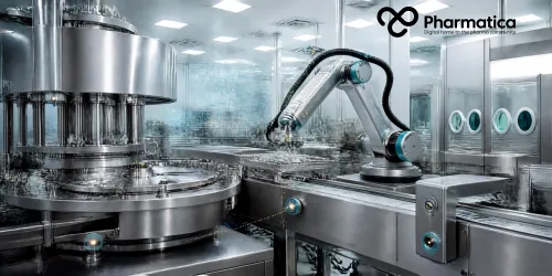 Pharmatica image of a robotic pharmaceutical manufacturing system performing a controlled process intervention with sensors and digital quality monitoring.