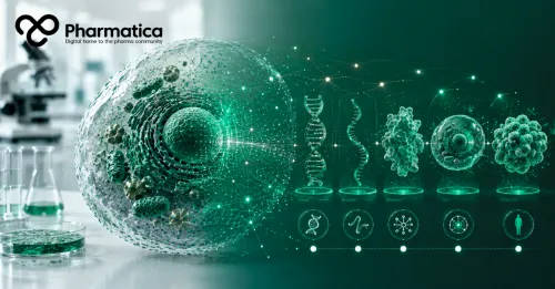 Pharmatica image of the virtual cell concept showing biological structures transitioning into a computational model for AI-driven drug discovery and biological simulation.