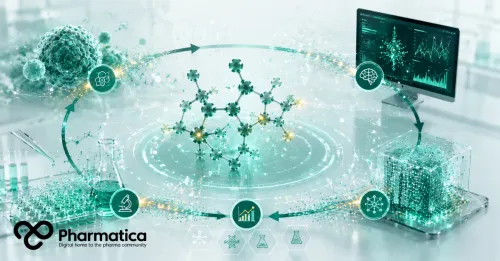 Pharmatica image of predictive modelling in drug development represented by connected molecular data, computational analysis, and pharmaceutical research.
