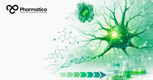 Pharmatica scientific composition featuring a central neuron, molecular diagrams, serotonin receptor structures, and laboratory equipment &mdash; representing the intersection of neuroscience, molecular biology, and pharmaceutical discovery.