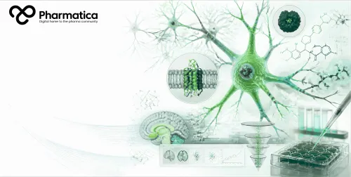 Pharmatica digital illustration combining molecular biology, neuroscience, and pharmaceutical elements &mdash; including DNA strands, neurons, petri dishes, and capsules, symbolising innovation in drug discovery.