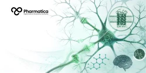 Pharmatica scientific illustration showing neuron cells, molecular structures, and a serotonin receptor embedded in a membrane, representing neuroscience, pharmacology, and pharmaceutical research integration for psychedelic drug discovery. 