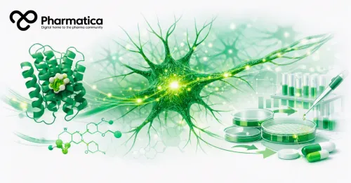 Pharmatica scientific illustration showing a serotonin receptor structure, chemical diagrams, a glowing neuron, and laboratory tools such as pipettes and capsules, representing the three pillars of psychedelic drug discovery: receptor pharmacology, neural plasticity, and therapeutic development.