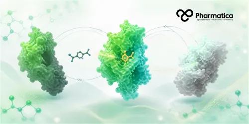 Pharmatica image of protein conformational dynamics showing multiple molecular states and ligand interactions for q-CAR drug discovery.