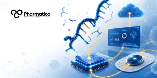 Pharmatica visual representation of RNA biosensors for diabetes using AI-powered molecular diagnostics, RNA biomarkers, wearable health technology, precision medicine, and digital health monitoring.