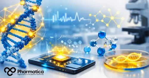 Futuristic Pharmatica image showing a RNA biosensor chip with glowing yellow RNA helix, molecular structures, and AI‑powered digital health interface for precision diabetes diagnostics.