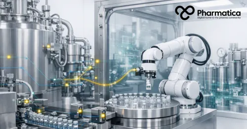 Pharmatica image of a connected pharmaceutical manufacturing line integrating robotics, sensors, process monitoring, and GMP quality data.