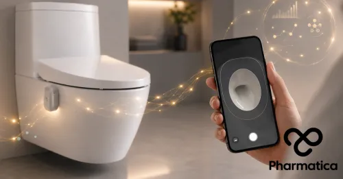 Pharmatica visual of a smart toilet sensor system connected to a smartphone app through AI-powered health data signals for passive health monitoring and gut health tracking.