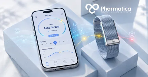 Pharmatica image that represents a WHOOP wearable and Natural Cycles smartphone app, illustrating wearable health data, women's health monitoring, and digital health technology.