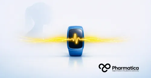 Pharmatica image of a wearable device emitting glowing data streams that connect to subtle symbols of women&rsquo;s health, representing AI‑enabled innovation, continuous monitoring, and regulated digital health.