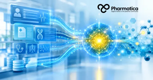 Pharmatica representation of AI in healthcare connecting electronic health records, clinical data, and artificial intelligence.