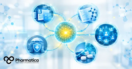 Pharmatica image representing an AI healthcare data ecosystem connecting EHRs, medical research, clinical trials, medicines, and healthcare coverage.